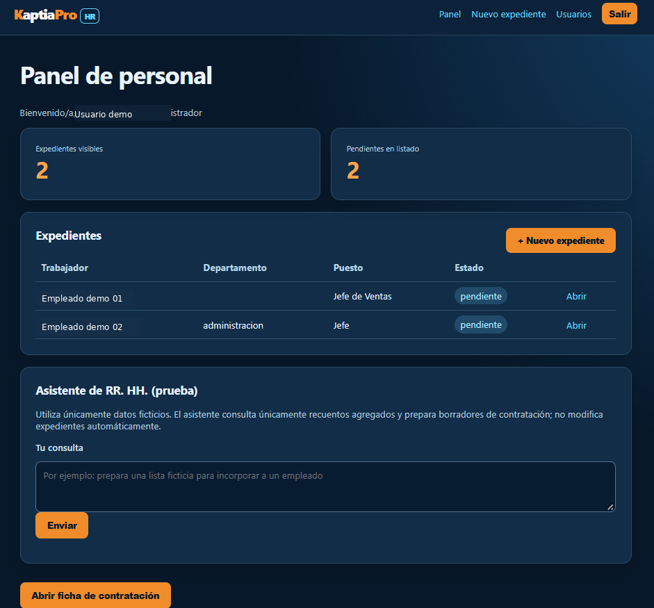 Interfaz real de KaptiaPro HR: panel de personal, expedientes y asistente de recursos humanos